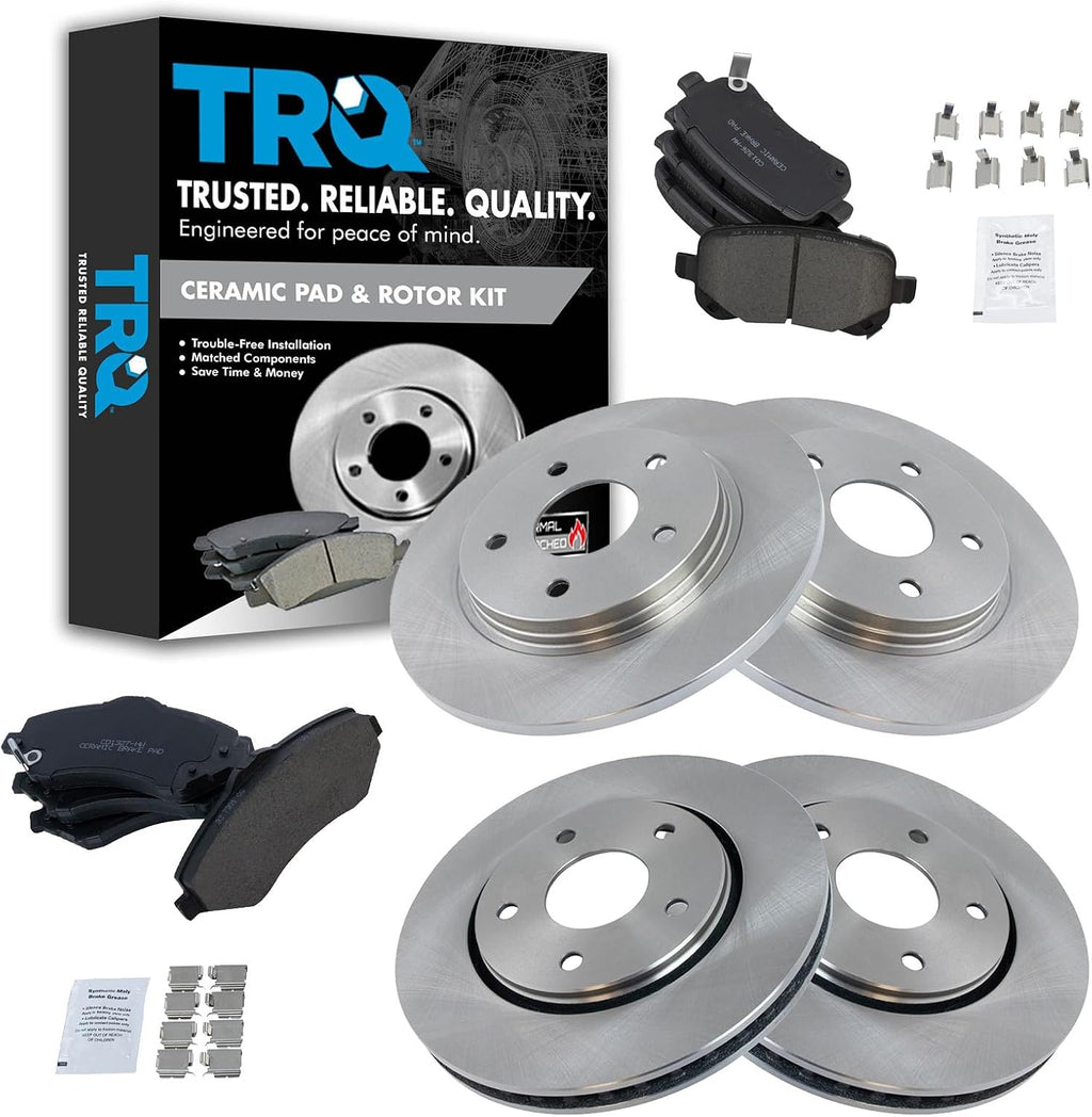 TRQ Front and Rear Brake Pad and Rotor Set Ceramic Vented Solid Rotors Compatible with 2008-2012 Chrysler Town and Country 2008-2012 Dodge Grand Caravan 2009-2013 Journey 2009-2012 Volkswagen Routan