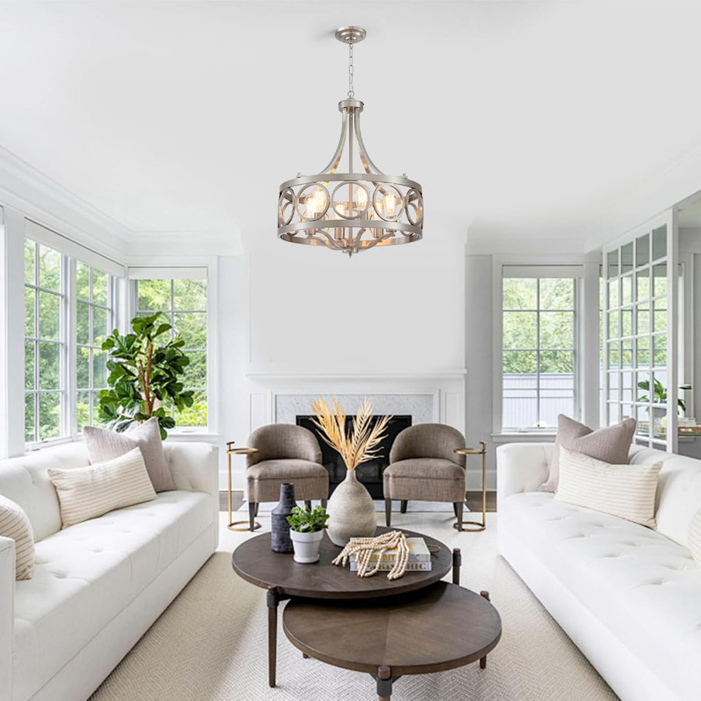 XINGQI Brushed Nickel Dining Room Chandelier 6 Lights Modern Farmhouse Chandelier 21.7' Round Hanging Lighting Fixture Rustic Metal Drum Pendant Lamp for Entryway Bedroom Kitchen