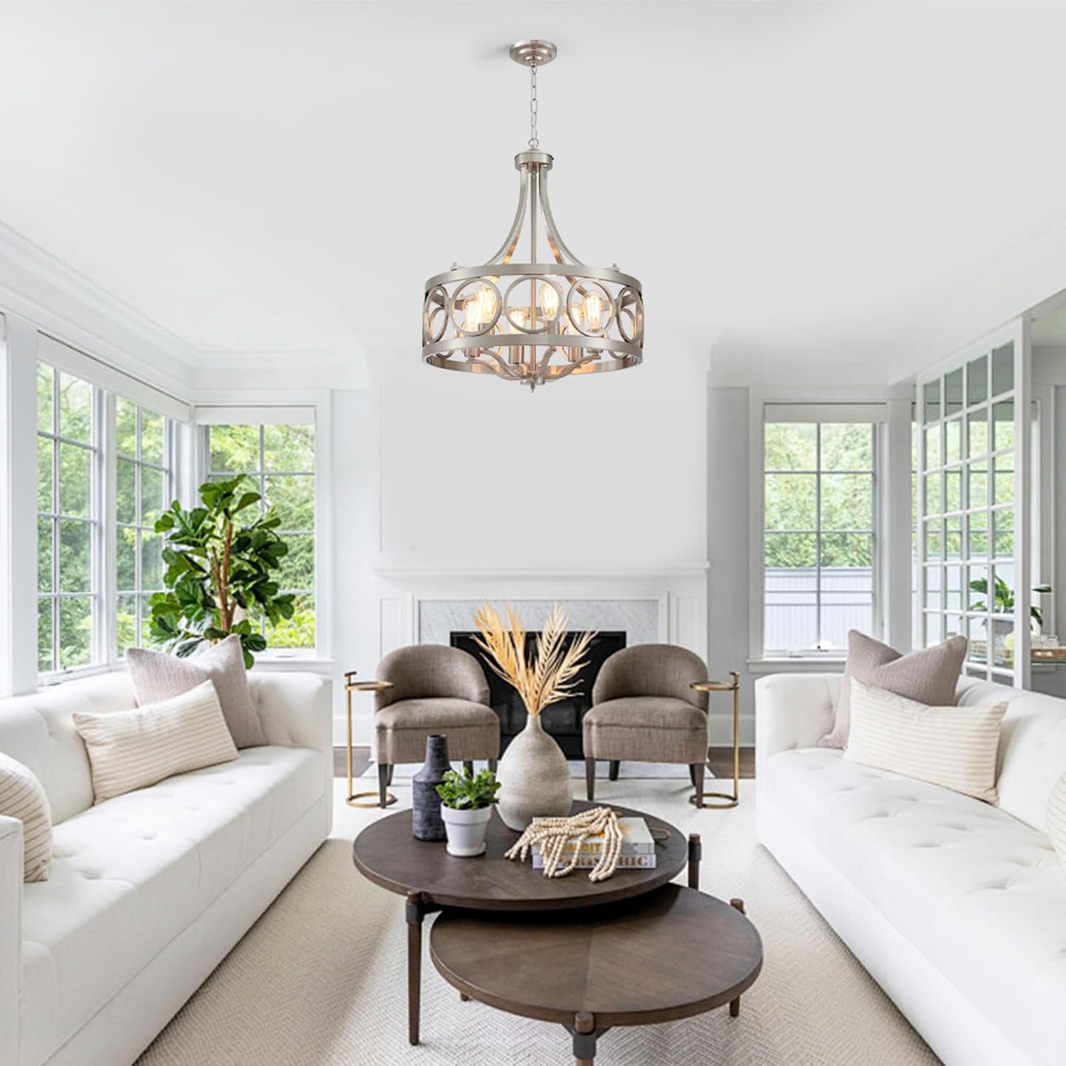 XINGQI Brushed Nickel Dining Room Chandelier 6 Lights Modern Farmhouse Chandelier 21.7' Round Hanging Lighting Fixture Rustic Metal Drum Pendant Lamp for Entryway Bedroom Kitchen