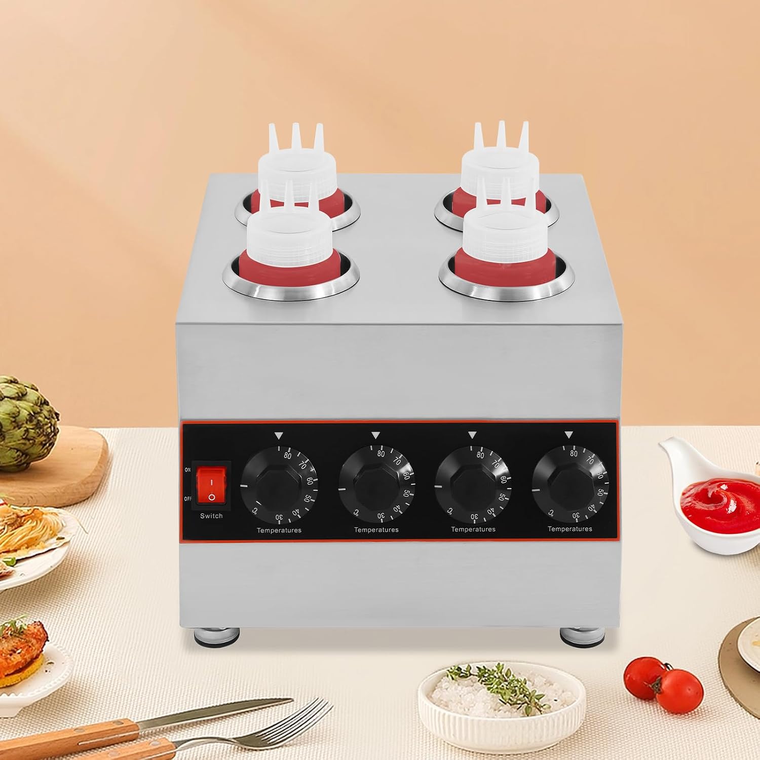 Electric Sauce Warmer Dispenser, 4 Grids Countertop Stainless Steel Sauce Heat Preservation Machine Hot Fudge Bottle Warmer Nacho Cheese Warmer Dispenser 86-185 ℉ 640W