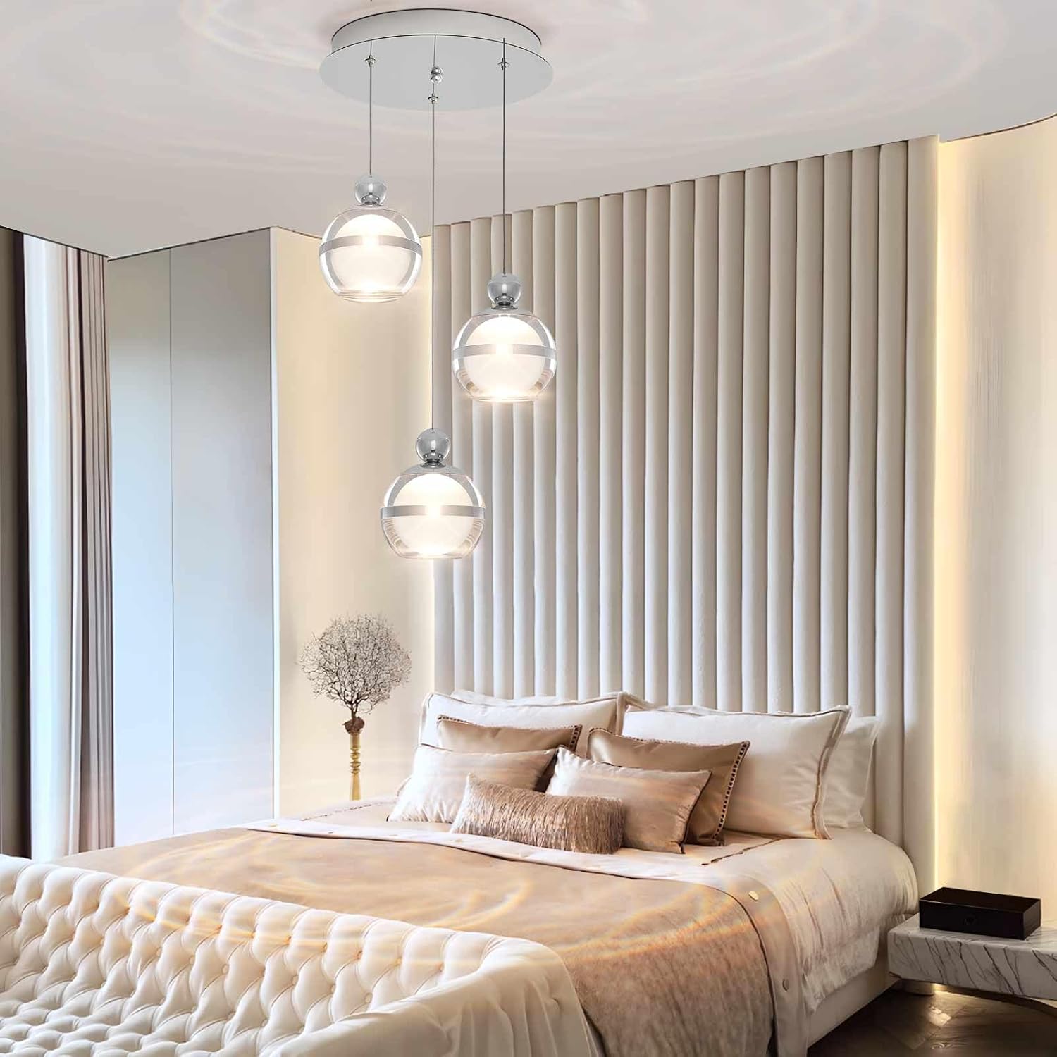 Cluster Acrylic Pendant Lighting, 3 Light Chrome Globe LED Hanging Pendant Light Fixtures with Dimmable, Modern Pendant Lights Kitchen Island for Dining Room Living Room Bedroom Stairs