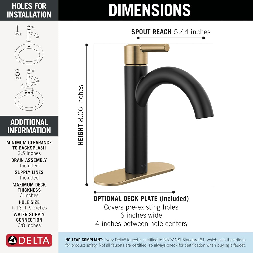 Delta Nicoli Matte Black/ Brushed Gold Bathroom Faucet 1 Hole, Single Hole Bathroom Sink Faucet for Vanity, Push-Pop Drain Assembly, Matte Black/ Champagne Bronze 15749LF-GZ