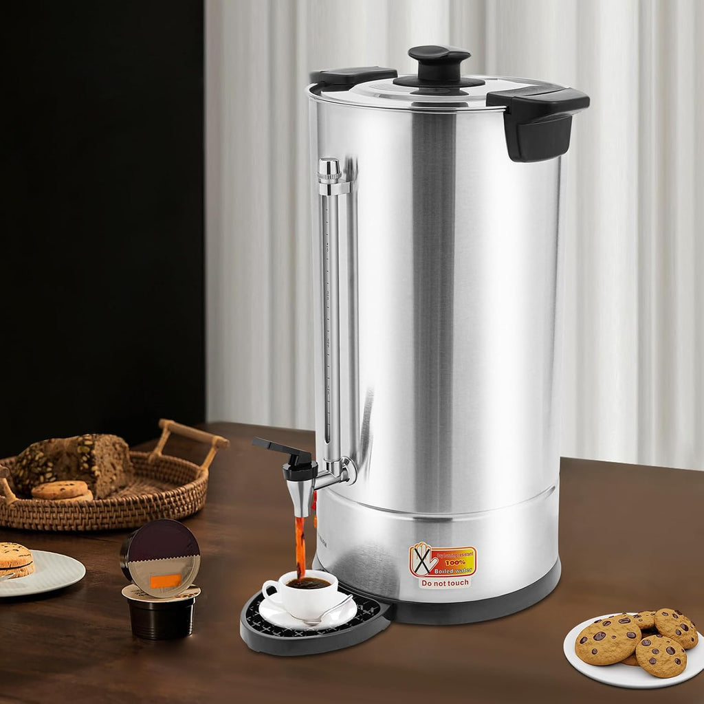 25L Stainless Steel Coffee Urn, Commercial Electric Hot Water Dispenser with Dripping Tray, No-Temp-Knob Silver Boiler for Catering Party Church Office, Large Capacity Percolator Brewer, Coffee Maker