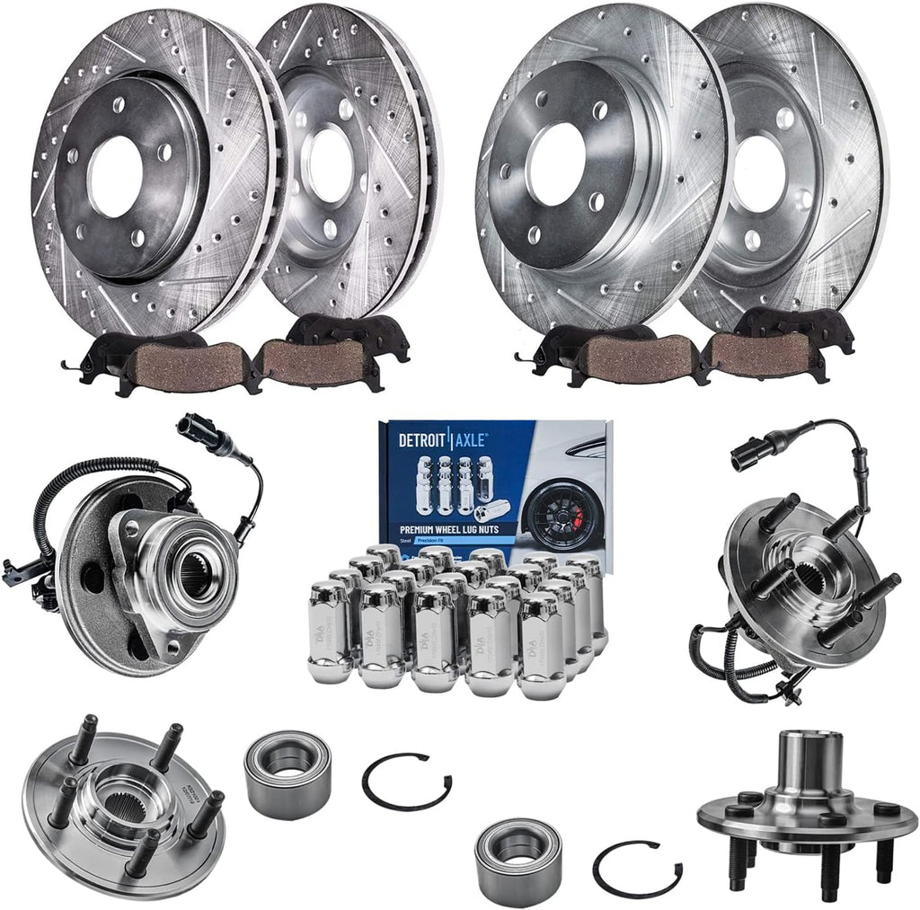 Detroit Axle - Brake Kit for 2010 Ford Taurus 2009-2011 Flex 2009-2010 Lincoln MKS, Drilled & Slotted Brake Rotors Ceramic Brakes Pads Wheel Bearing Hubs Assembly Wheel Lug Nuts Front Rear Replacement