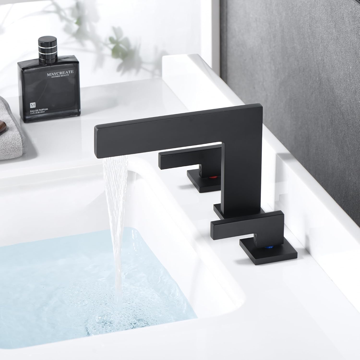 Sumerain Widespread Matte Black Waterfall Bathroom Sink Faucet 8 Inch 3 Hole Lavatory Faucet Vanity Faucet with Brass Valve