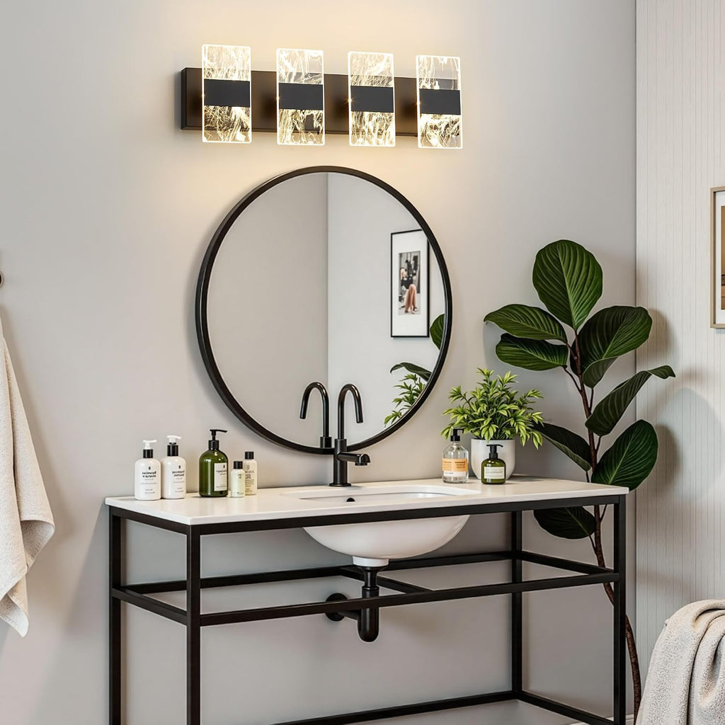 Modern LED Bathroom Light Fixtures Dimmable 4-Light Black Vanity Light, 5CCT Adjustable Lighting Fixture Vanity Lights Over Mirror, Smoked Acrylic LED Vanity Lights for Bathroom