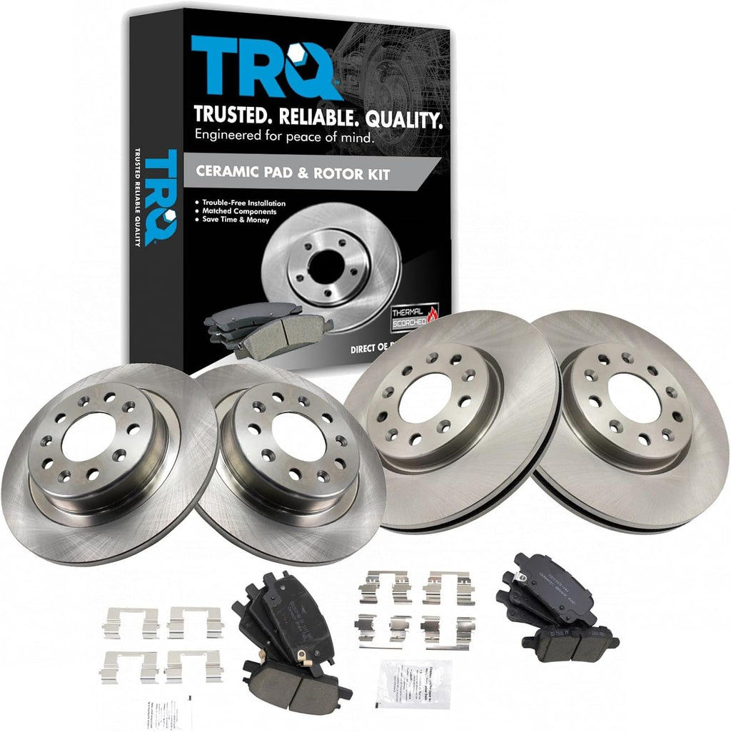 TRQ Front and Rear Ceramic Brake Pad and Rotor Set Compatible with 18-19 Chevrolet Equinox with 300 mm Diameter Front Rotors, 16-19 Chevrolet Malibu with Power Parking Brake