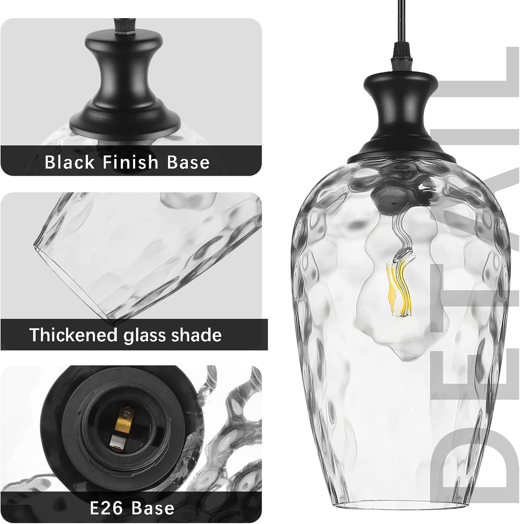 3-Light Pendant Lighting, Black Dining Room Chandelier Light Fixture Over Table with Hammered Glass, Modern Cluster Hanging Lights for Kitchen Island Sink, E26
