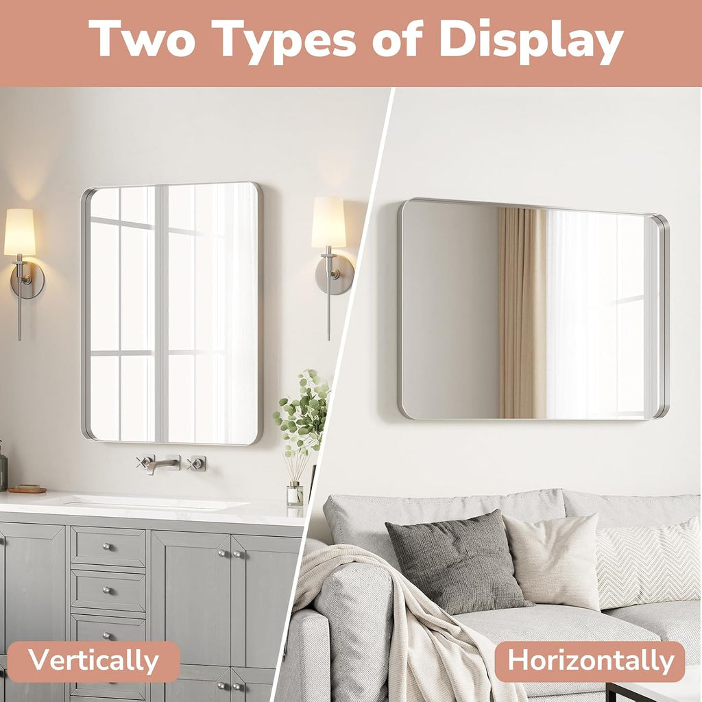 USHOWER Brushed Nickel Bathroom Mirrors 22'x30' 2 Pack, Silver Rectangle Mirrors for Over Sink, Rounded Corner, Aluminum Frame, Anti-Rust, Tempered Glass, Horizontal or Vertical Mounted