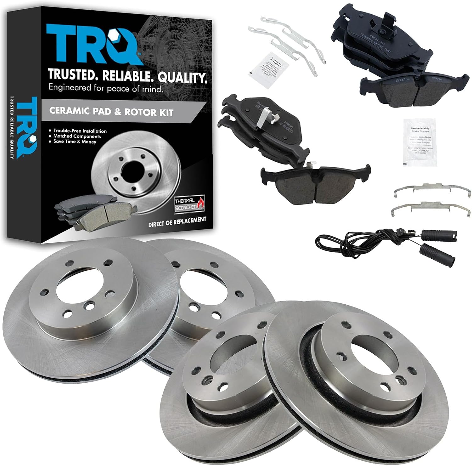 TRQ Front and Rear Brake Pad and Rotor Set Ceramic Vented Solid Rotors Compatible with 1999-2000 BMW 323i 2000 BMW 323Ci 2000 328Ci 2001-2006 325Ci 2001-2005 325i