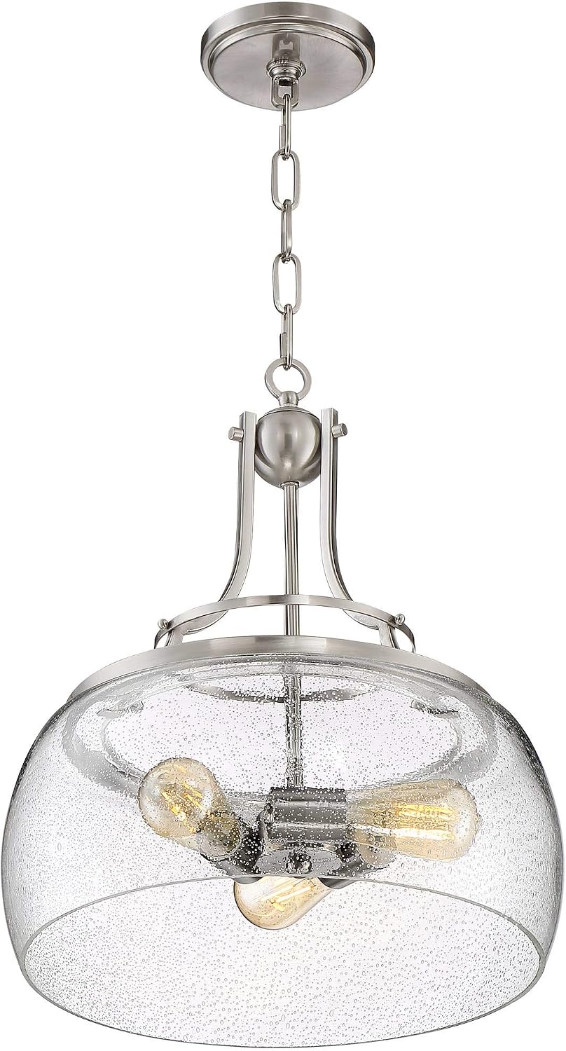 Franklin Iron Works Charleston Satin Nickel Pendant Chandelier 16' Wide Rustic Farmhouse Seeded Clear Glass LED 3-Light Fixture for Dining Room House Foyer Entryway Kitchen Bedroom Living Room