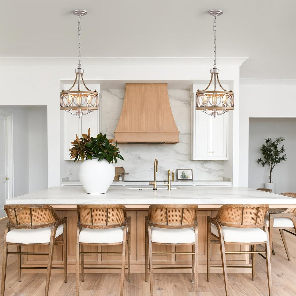 XINGQI 12.6' Modern Farmhouse Chandeliers Round 3-Light Dining Room Light Fixture Over Table Metal Drum Pendant Hanging Lamp Brushed Nickel and Wood Grain Finish for Entryway Bedroom Kitchen