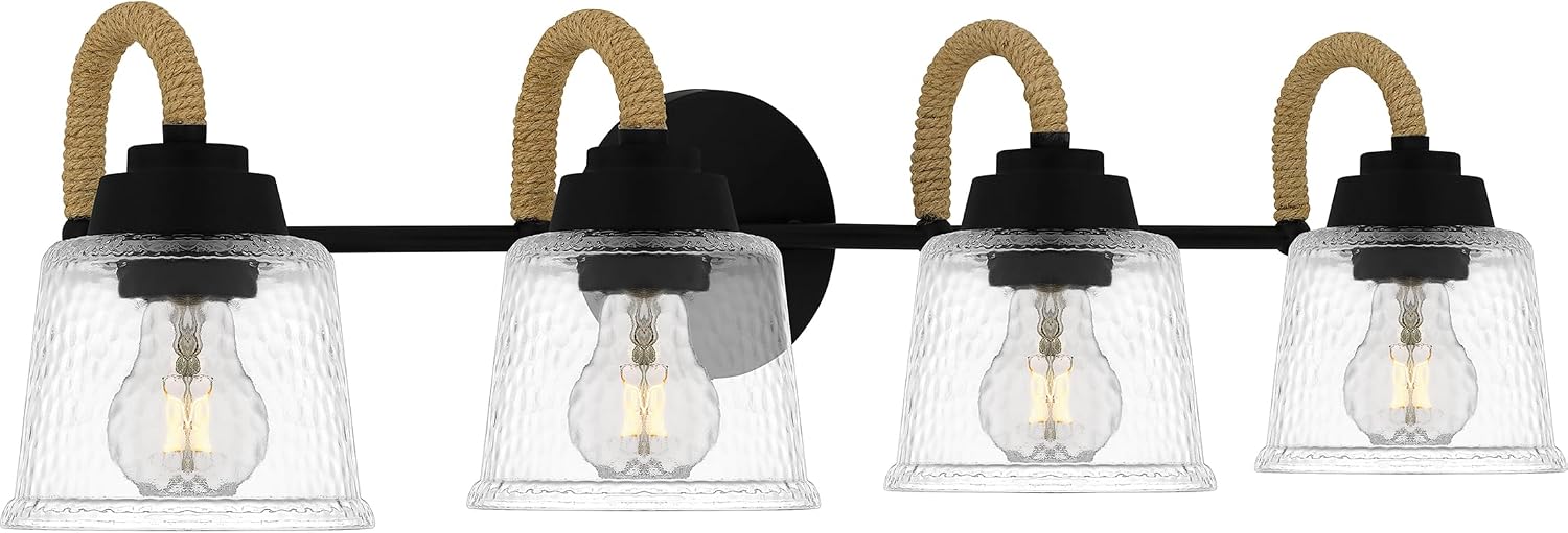 Quoizel Seabreeze Bath Vanity Lights,31 Inch 4-Light Matte Black Coastal-Inspired Lighting Fixtures Over Mirror, Clear Hammered Glass, 100W, Transitional Wall Light for Bathroom, Dresser or Sink