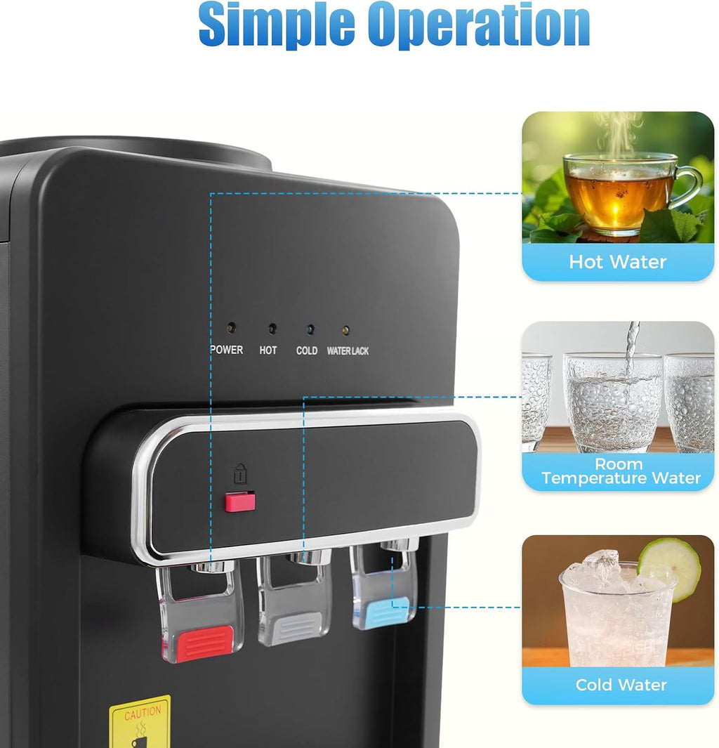 Bottom Loading Water Cooler Dispenser 3 Temperature Settings Hot, Cold & Room Water, Water Dispenser for 3 or 5 Gallon Bottles Heating Capacity 1.32Gal/H, Cooling 0.53Gal/H (Black 550W)