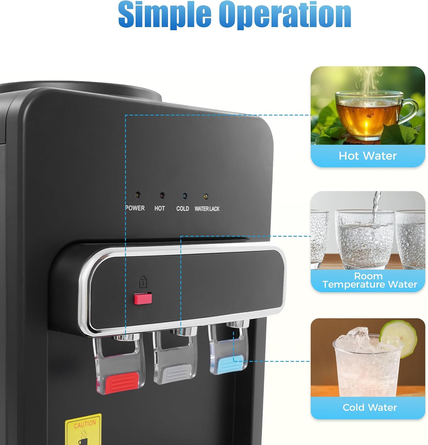 Bottom Loading Water Cooler Dispenser 3 Temperature Settings Hot, Cold & Room Water, Water Dispenser for 3 or 5 Gallon Bottles Heating Capacity 1.32Gal/H, Cooling 0.53Gal/H (Black 550W)