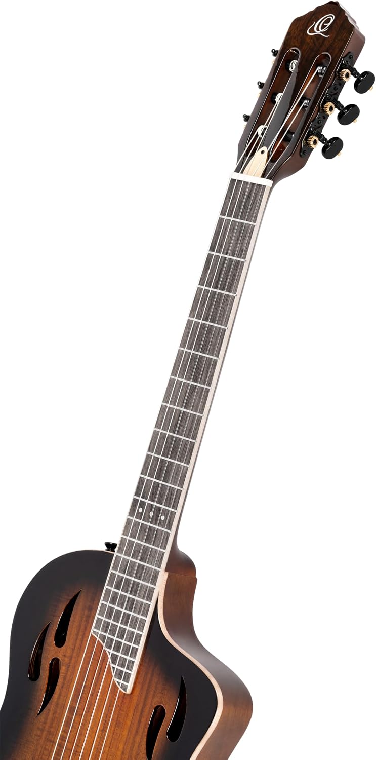 Ortega TourPlayer Deluxe Thinline Crossover Nylon-String Electric Guitar w/Pro gig bag, Acacia Gloss Burst (RTPDLX-ACA)