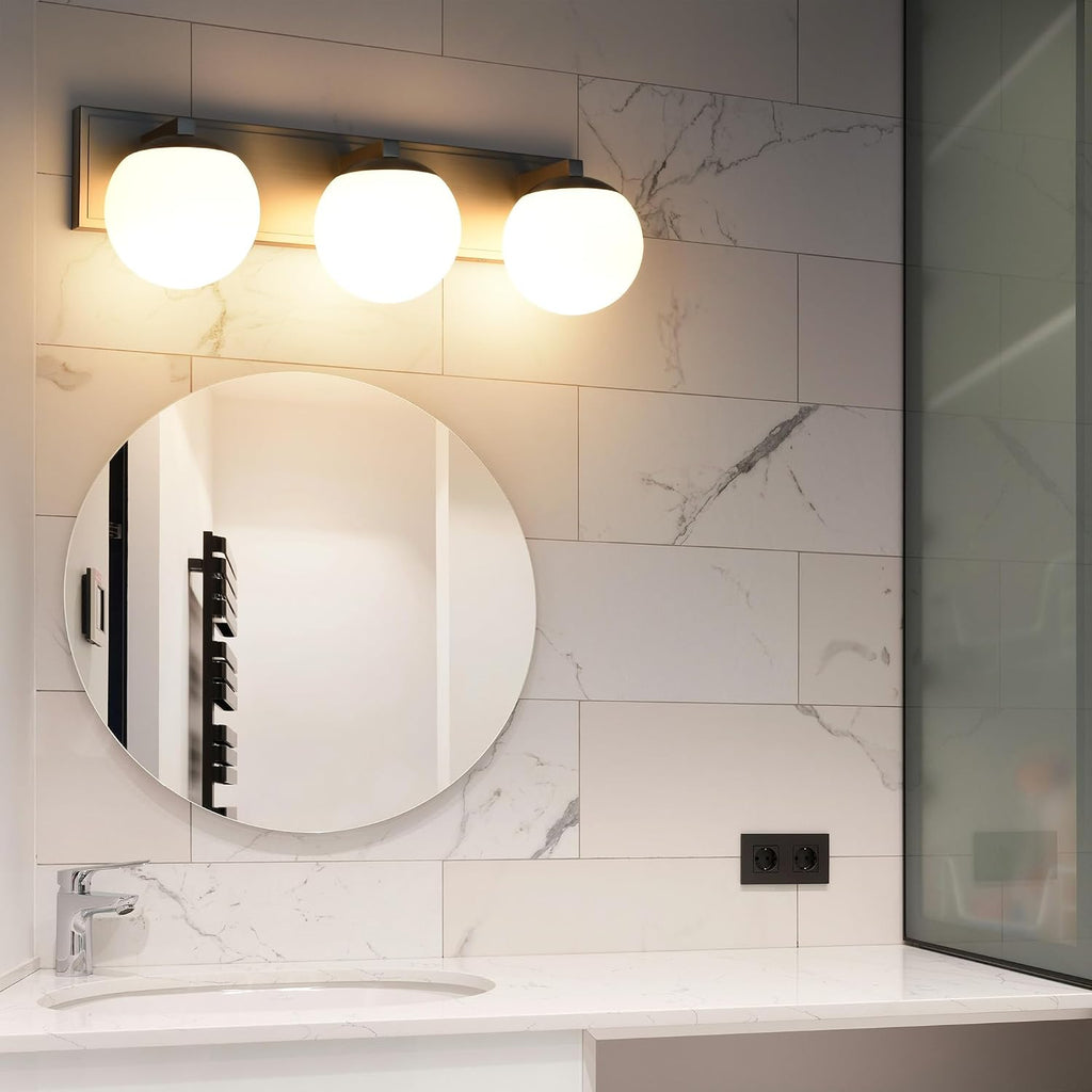 Bathroom Vanity Light Fixtures, 3-Light Globe Bathroom Lighting Fixtures Over Mirror, Modern Wall Lights for Living Room, Long Backplate, Standard E26 Base, Brushed Nickel