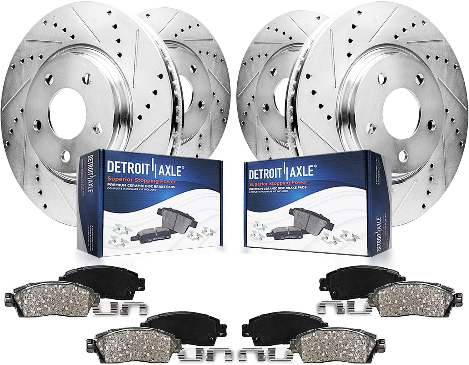 Detroit Axle - 8pc Brake Kit for 2015-2023 Mercedes-Benz C300 2016-2018 C350e 2015 C400, Drilled and Slotted Disc Brake Rotors Ceramic Brakes Pads Replacement : 13.46' inch Front and 11.81' inch Rear