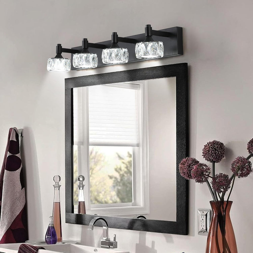 Modern 4-Light LED Vanity Light Dimmable with Faceted Crystal Shades 27.6 Inch Bathroom Lighting Fixture Matte Black and Brushed Gold Finish