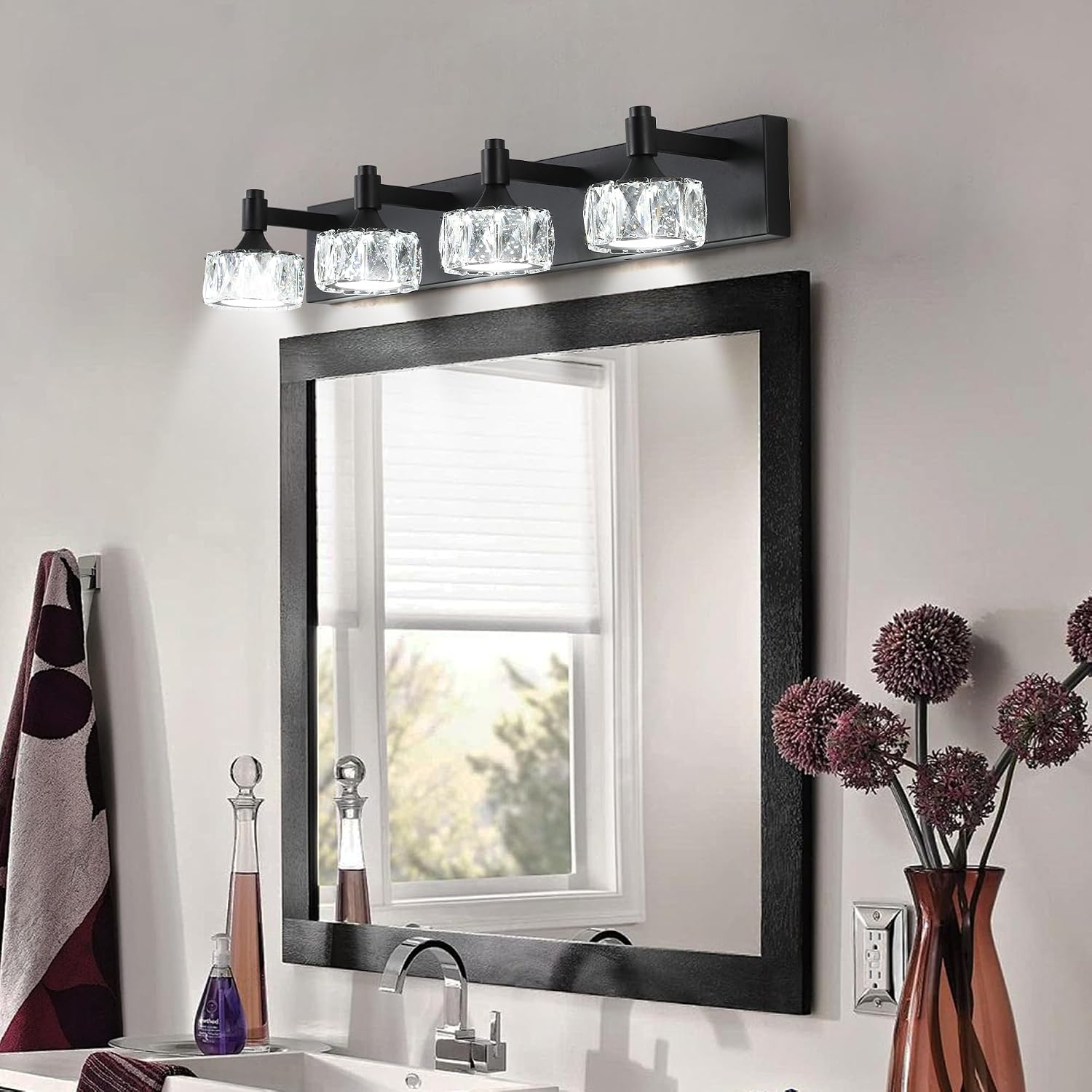 Modern 4-Light LED Vanity Light Dimmable with Faceted Crystal Shades 27.6 Inch Bathroom Lighting Fixture Matte Black and Brushed Gold Finish