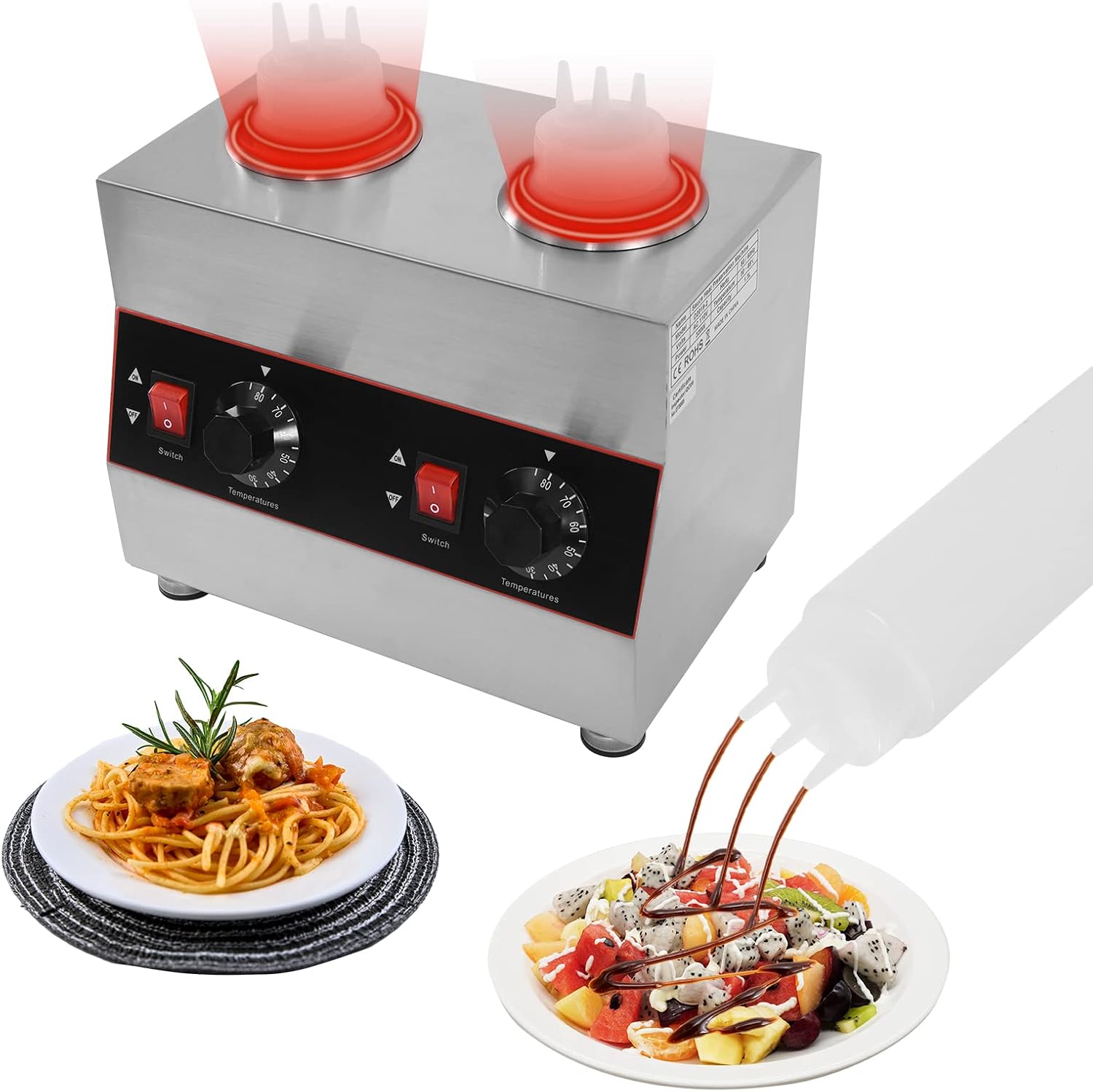 Commercial Electric Sauce Warmer Heater, 2 Grids Countertop Food Sauce Dispenser Heater, Jam Cheese Chocolate Caramel Sauce Heat Preservation Machine 86-185 ℉ 650ml (2 Bottles)