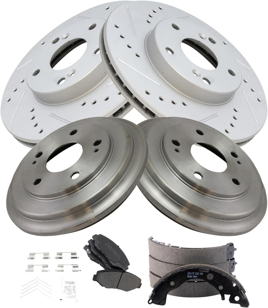 TRQ Front & Rear Brake Pad & Rotor,Shoe & Drum Kit Premium G-Coated Semi-Metallic Performance Compatible with 2013-2015 Honda Civic