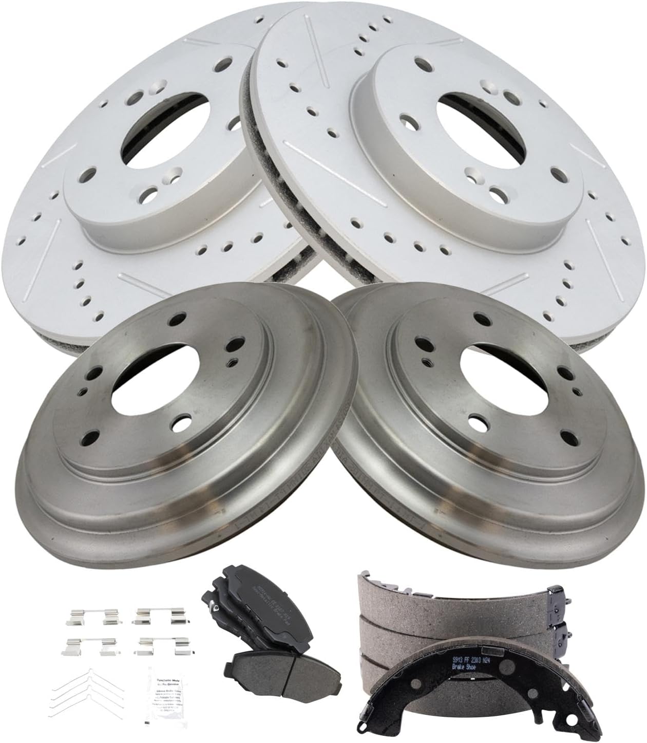 TRQ Front & Rear Brake Pad & Rotor,Shoe & Drum Kit Premium G-Coated Semi-Metallic Performance Compatible with 2013-2015 Honda Civic
