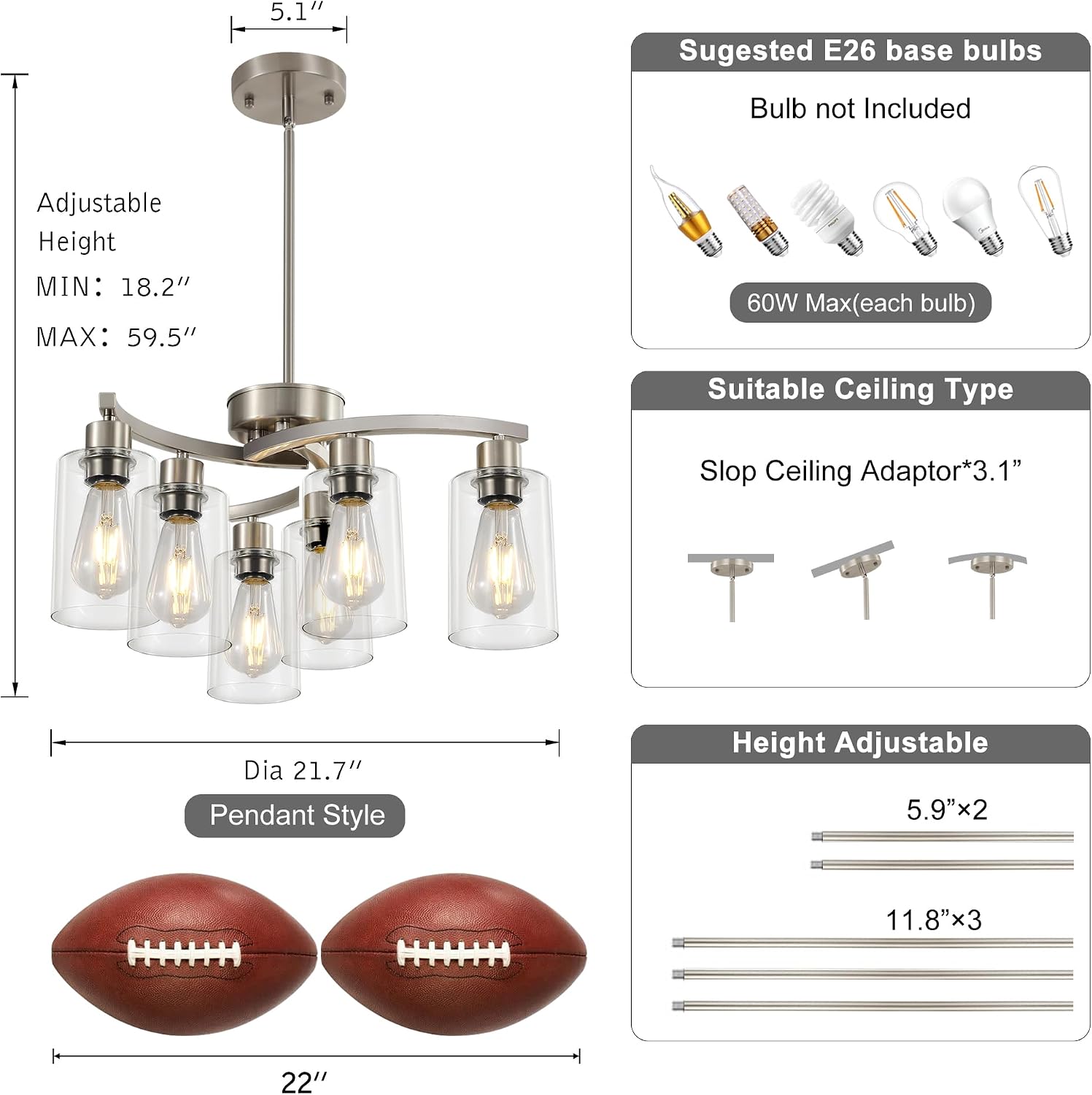 Sigaitwei 6 Light Farmhouse Brushed Nickel Chandelier,21.7' Modern Chandeliers for Dining Room Light Fixtures Over Table,Pendant Lights Kitchen Island,Metal Bracket with Downward Clear Glass Shade
