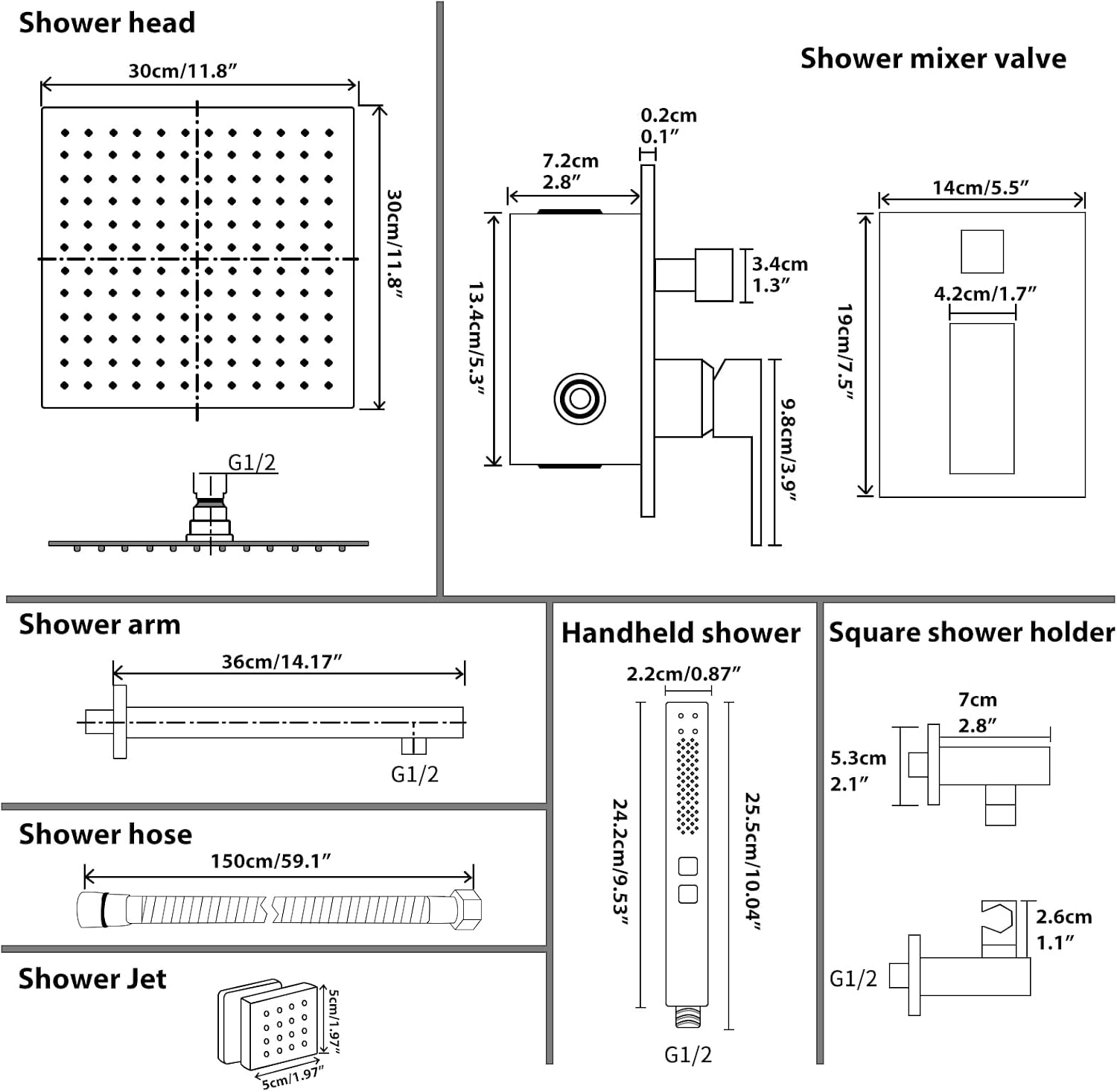 RUMOSE Rainfall Shower System with 4 Body Jets Wall Mounted 4 Mode Shower Faucet Set with 12 Inch Rain Shower Head and 2 in 1 Handheld Spray, Oil Rubbed Bronze Brass Shower Fixtures, Rough-in Valve