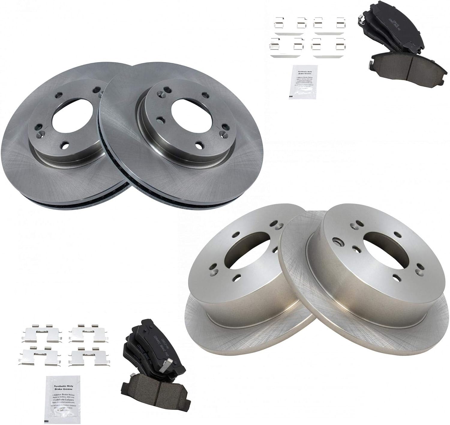 TRQ Front and Rear Brake Pad and Rotor Set Ceramic Vented Solid Rotors Compatible with 2001-2006 Hyundai Santa Fe
