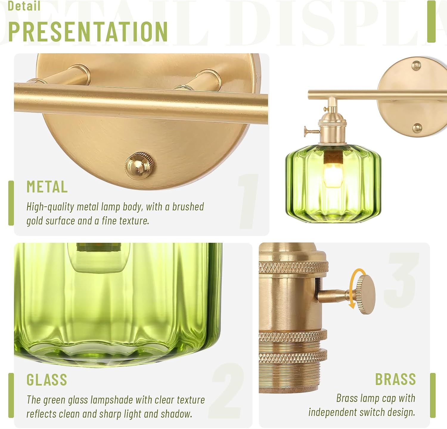 Bathroom Vanity Lighting Mid Century Wall Sconce 2-Light Farmhouse Gold Brass Brushed Bathroom Wall Light Fixtures with Green Striped Hand Blown Glass Shade for Bedroom Living Room