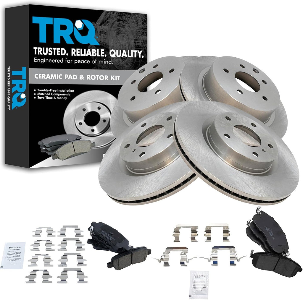 TRQ Front and Rear Brake Pad and Rotor Set Ceramic Vented Solid Rotors Compatible with 2003-2005 Infiniti G35 2003-2005 Nissan 350Z