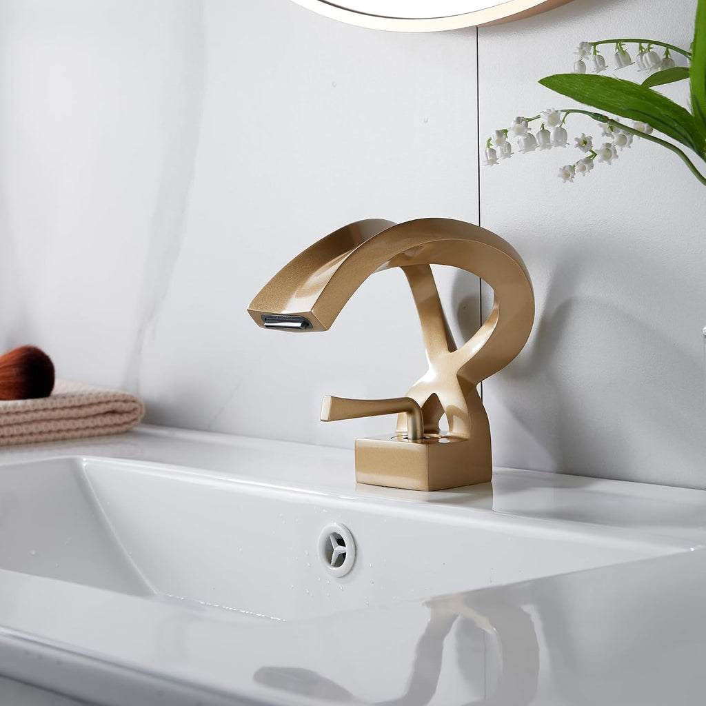 One Hole Bathroom Sink Faucet Waterfall Champagne Gold Single Handle Elegant Vanity Basin Deck Mount Lavatory Brass Creative Hollowed Body Antique Design