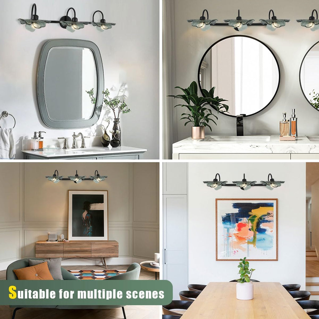 Black Bathroom Vanity Light mid Century Wall Sconce 3-Light Bathroom Wall Light Wall lamp with Dark Green Glass Shade Mirror Black Vanity Light Over Mirror for Bedroom Hallway Living Room