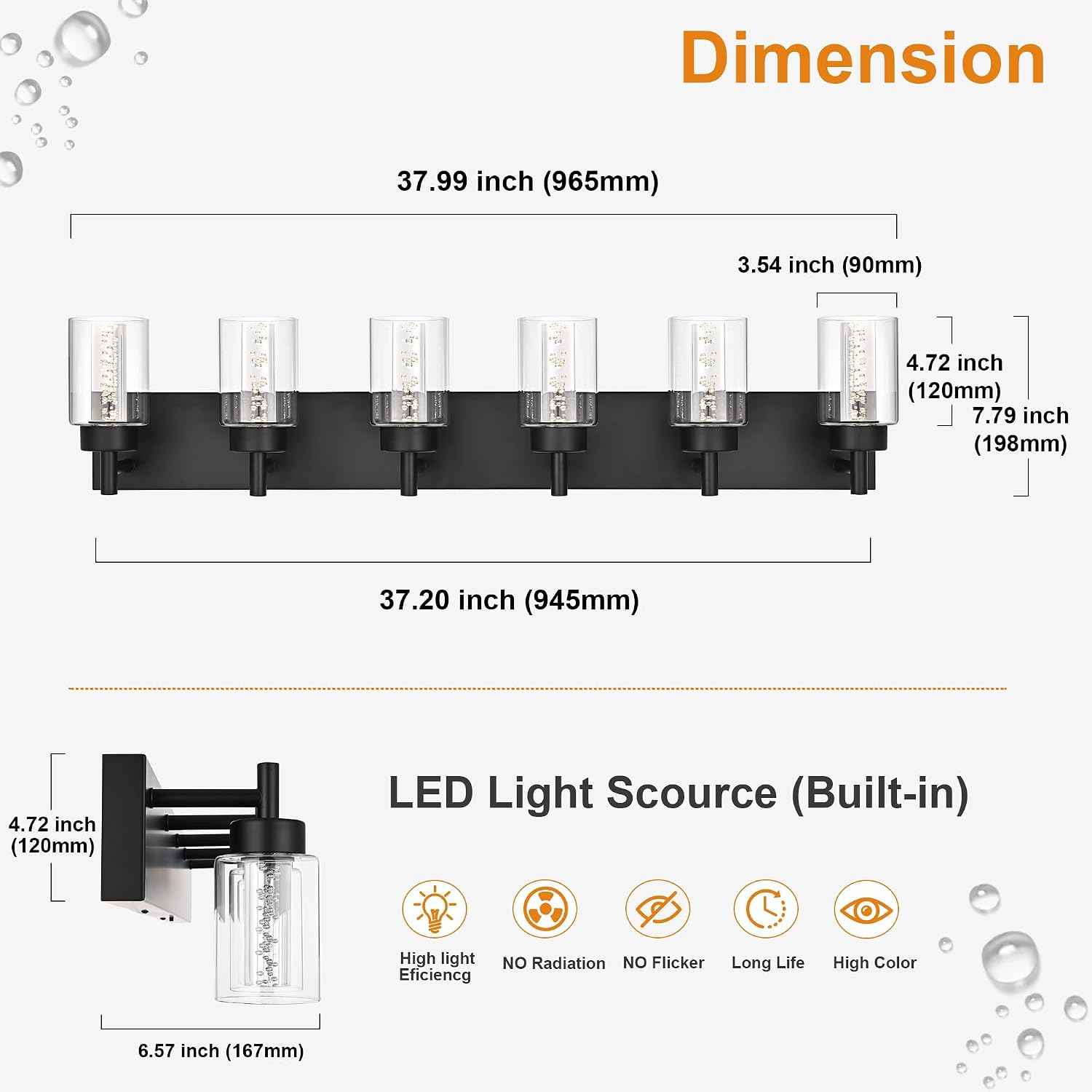 LED Bathroom Vanity Light Fixtures, 6 Light Indoor Wall Sconces Lighting with Clear Glass Shade and Crystal Bulb Black Lights for Mirror, Kitchen, Living Room, Gallery(LED Bulbs Included)