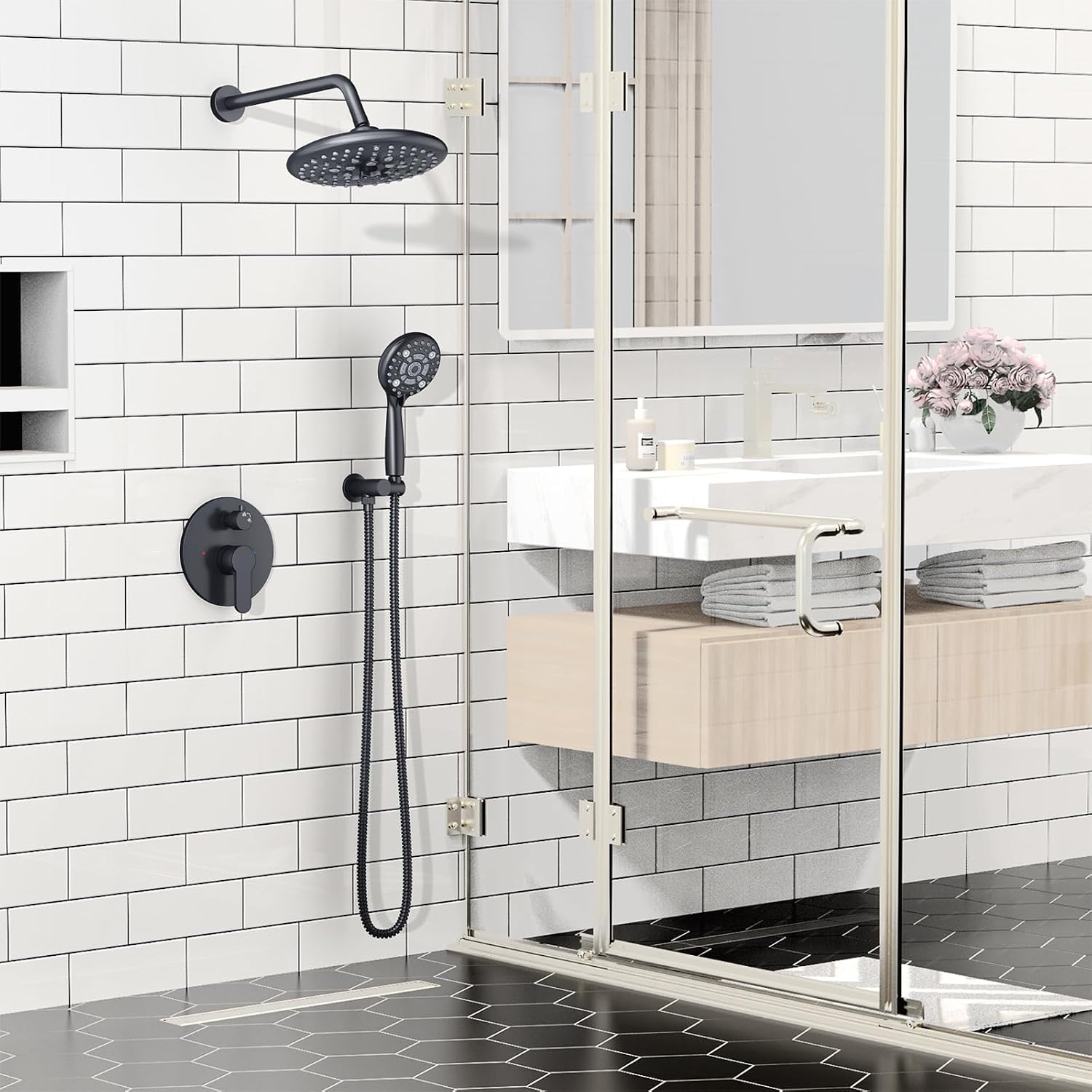 SR SUN RISE Shower Faucet - 10 Inch Multifunctional High Pressure Shower Head System with Handheld Shower Head Fixtures - Valve Included - Matte Black