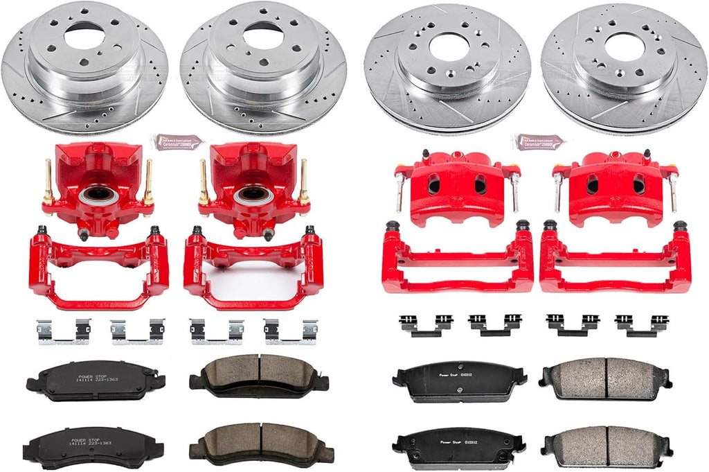 PowerStop Front and Rear Brake Kit for Cadillac Escalade 2008-14 |Escalade ESV 2008-14 - Carbon-Fiber Ceramic Brake Pads + Drilled & Slotted Rotors + Red Powder Coated Calipers, KC2070