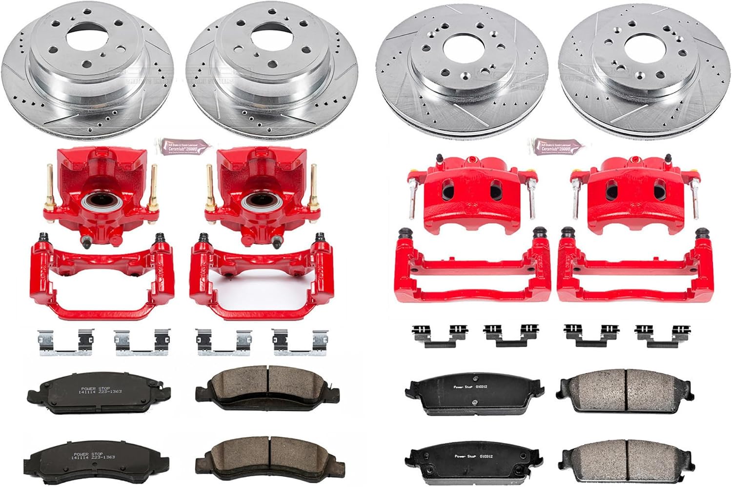 PowerStop Front and Rear Brake Kit for Cadillac Escalade 2008-14 |Escalade ESV 2008-14 - Carbon-Fiber Ceramic Brake Pads + Drilled & Slotted Rotors + Red Powder Coated Calipers, KC2070