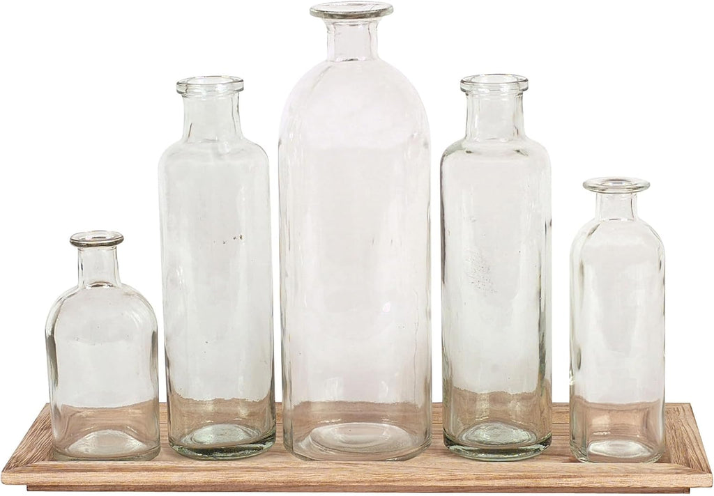 Creative Co-Op Set of 5 Vintage Bottle Vases on Wood Tray
