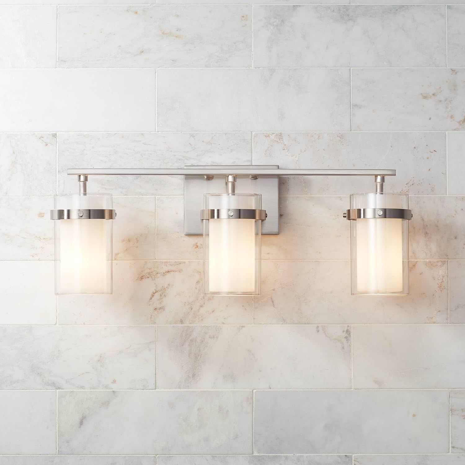 Possini Euro Design Kazran Modern Wall Light Brushed Nickel Slender Hardwire 21 1/4' 3-Light Fixture Frosted White Glass Shade for Bedroom Bathroom Bedside Vanity Living Room Mirror Hallway Dining