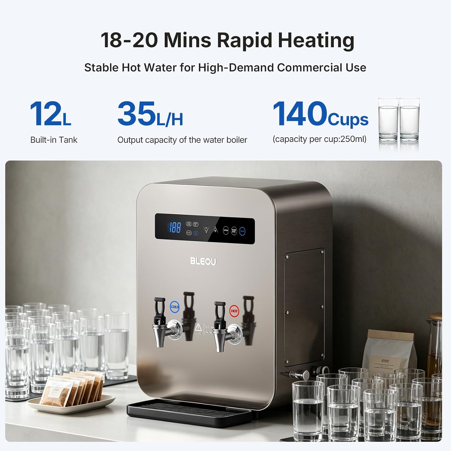 Bleou Commercial Hot Water Dispenser 12L (3.2 Gallon) -1800W Instant Water Boiler with Dual Taps(Hot & Ambient),30L/H High Output,Wall Mount or Countertop for Office,Cafe, Restaurant & Buffet