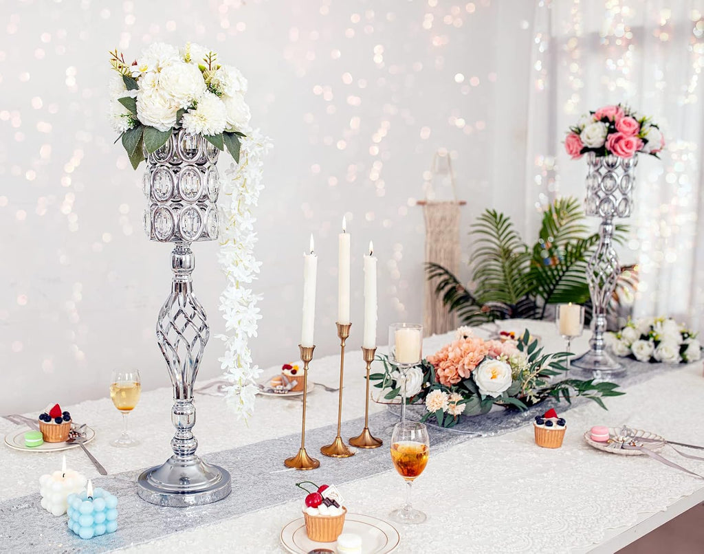 Crystal Wedding Centerpiece Vases for Tables - Set of 10 Metal Silver Vases, 24in Tall Versatile Flower Holders, Elegant Flower Stands for Centerpieces Wedding Party Reception Christmas Home Decor