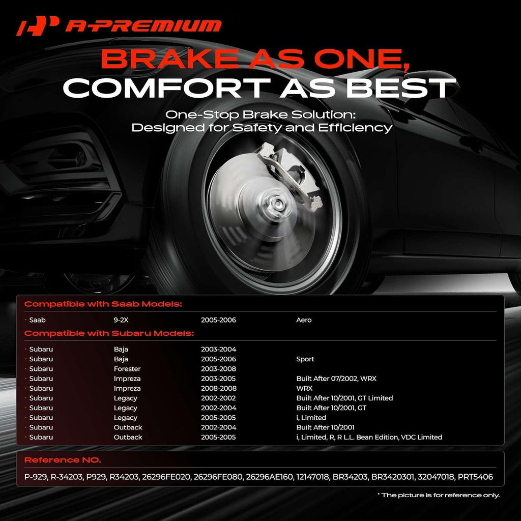 A-Premium 11.57 inch (293.80mm) Front Vented Disc Brake Rotors + Ceramic Pads Kit Compatible with Select Subaru & Saab Models - Outback 2002-2005, Forester, Impreza, Legacy, Baja, 9-2X, 6-PC Set