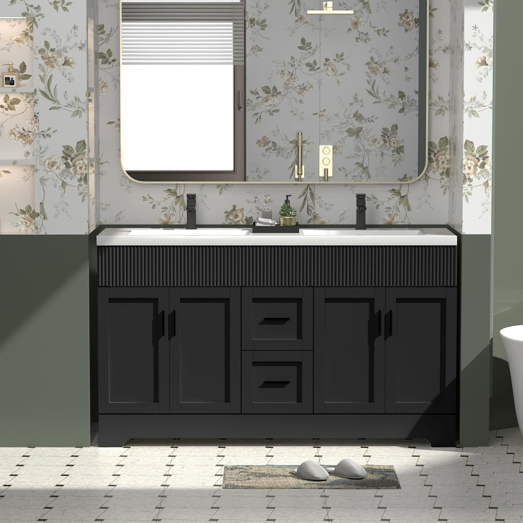 eclife 60' Bathroom Vanities Sink Combo with Painted Surface, Modern Drawered Cabinet W/Decorative Wave Lines, Undermount Double White Sink, Matte Black Faucet Drain, Black