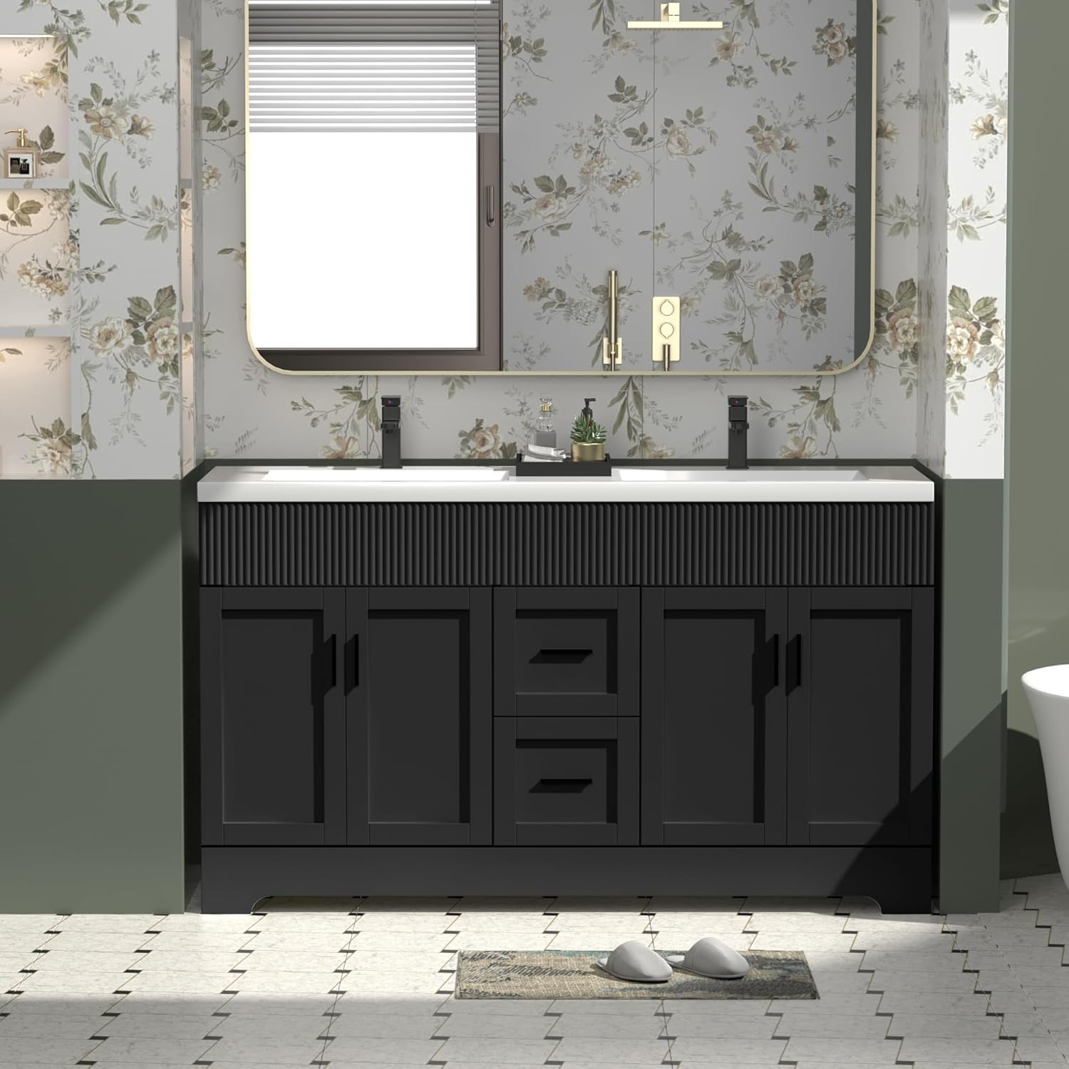 eclife 60' Bathroom Vanities Sink Combo with Painted Surface, Modern Drawered Cabinet W/Decorative Wave Lines, Undermount Double White Sink, Matte Black Faucet Drain, Black