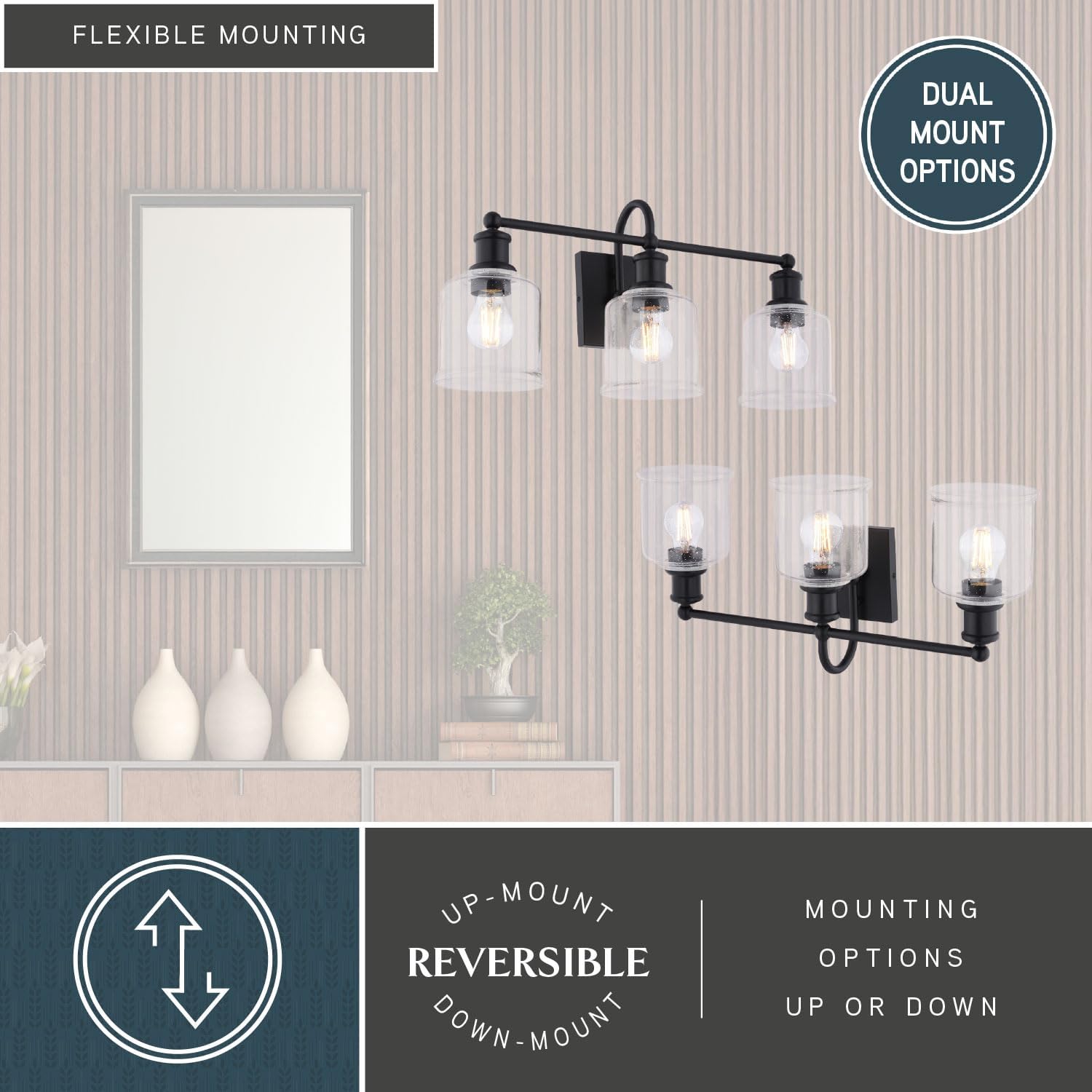 VAXCEL Northbrook 3-Light 24 in. Wide Matte Black Traditional Bathroom Vanity Lighting Fixture, Clear Seeded Glass Shade, Dimmable, LED Compatible, Over The Mirror Mounted Steel Wall Sconce