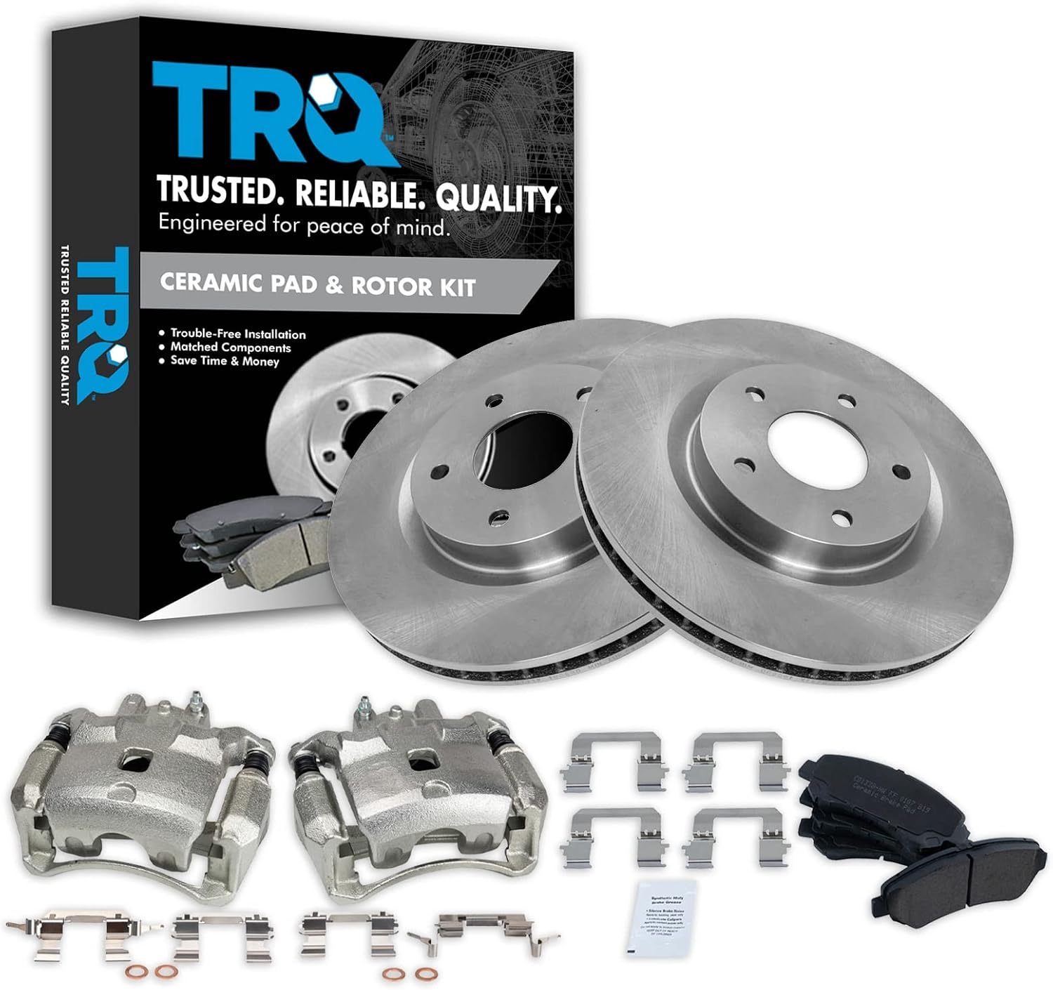 TRQ Front Brake Pad and Rotor Set Ceramic Vented Rotors Calipers Compatible with 2007-2008 Nissan Sentra