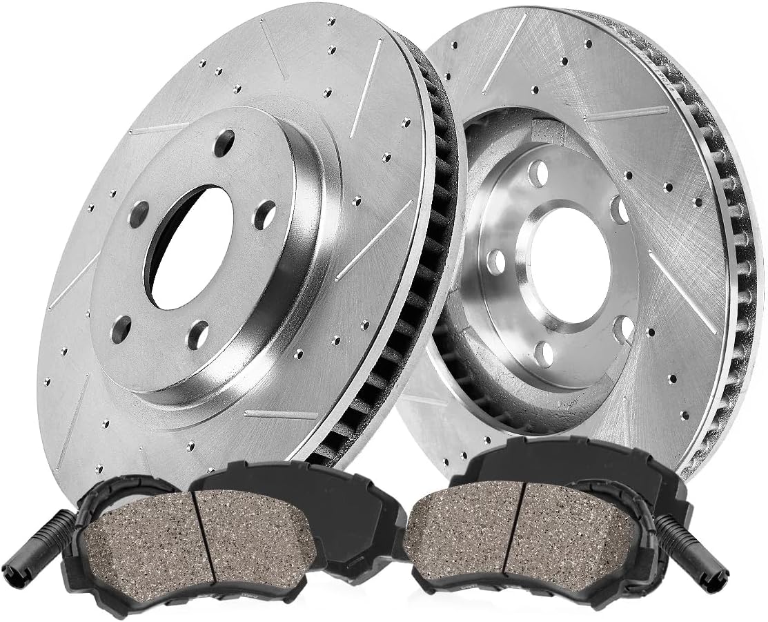 Callahan Brake Parts Front Brake Kit For BMW X5 2011-18 | BMW X6 2011-19 - Drilled & Slotted Disc Rotors with Ceramic Brake Pads + Sensors, EBYK034443