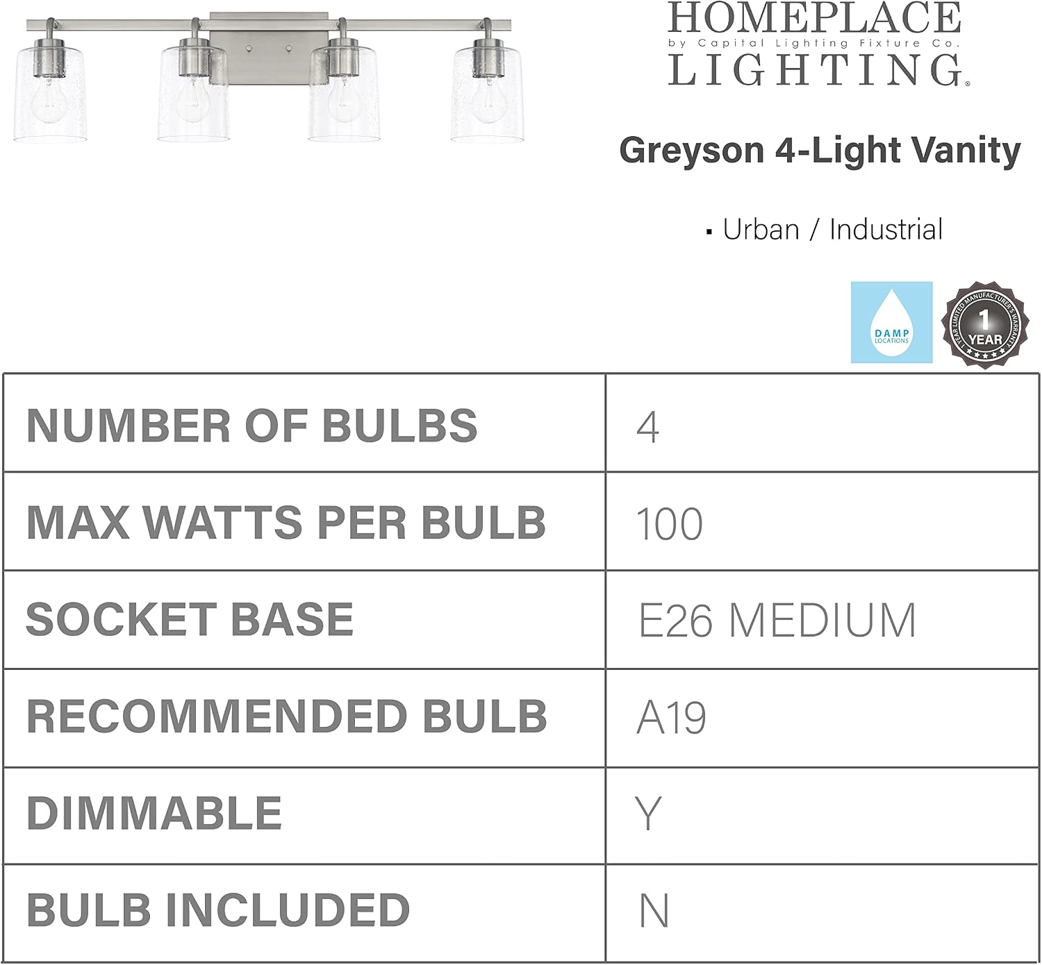 HomePlace Lighting 128541BN-449 Greyson Urban/Industrial Clear Seeded Glass Bathroom Vanity Wall Light, 4-Light 400 Total Watts, 9' H x 34' W, Brushed Nickel
