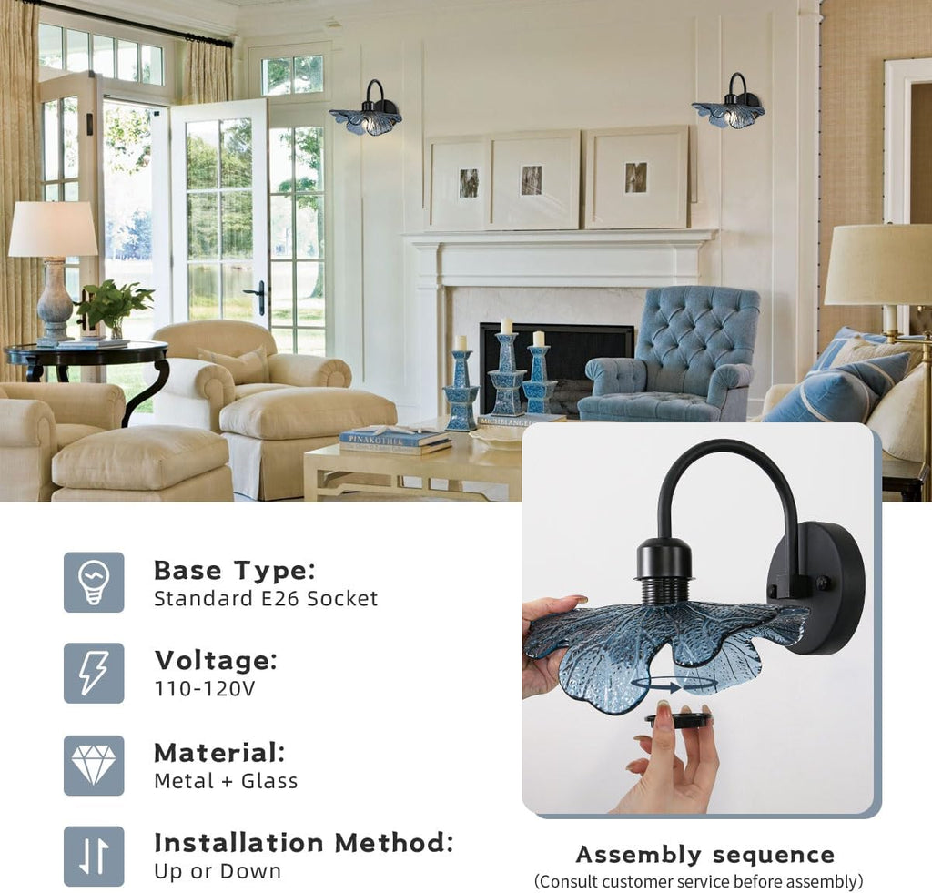 Vintage Wall Sconces Set of Two Matte Black Bathroom Vanity Light Mid Century Modern Wall Sconce Blue Glass Wall Lamp Vanity Light Over Mirror Bedroom Wall Sconces for Bedroom Living Room